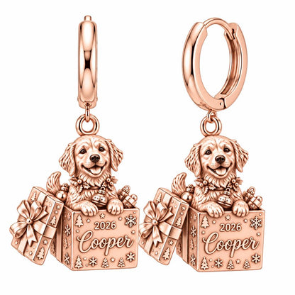 Christmas Puppy Surprise Huggie Charm Earrings – rose gold, front view