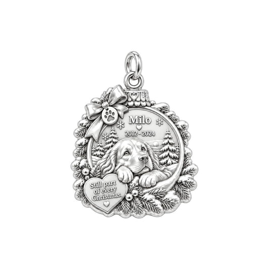 Christmas Remembrance Ornament Charm Bracelet – Personalized Pet Gift – silver plated 2 cm charm, front view