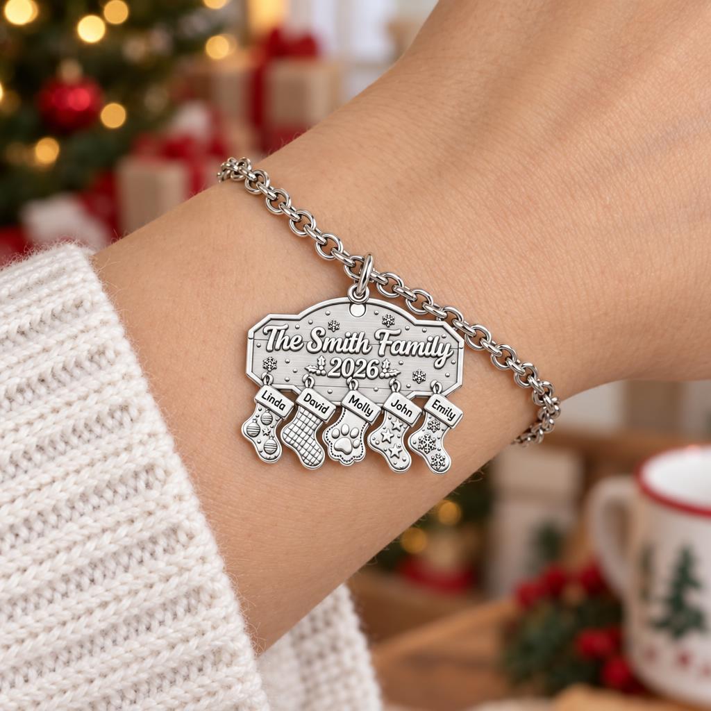 Christmas Stocking Family Mantel Charm Bracelet Set – worn / in use