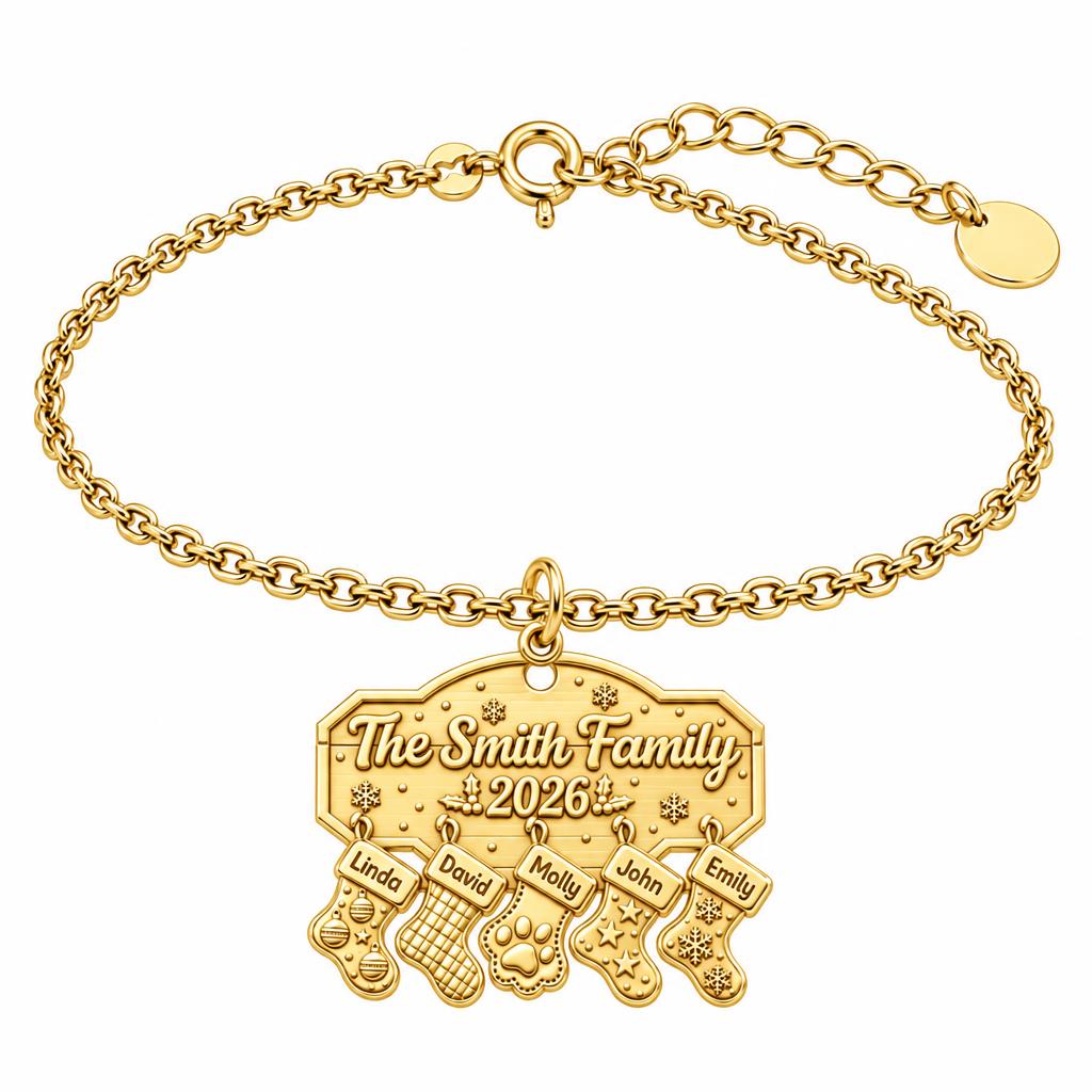 Christmas Stocking Family Mantel Charm Bracelet Set – 18K gold, front view
