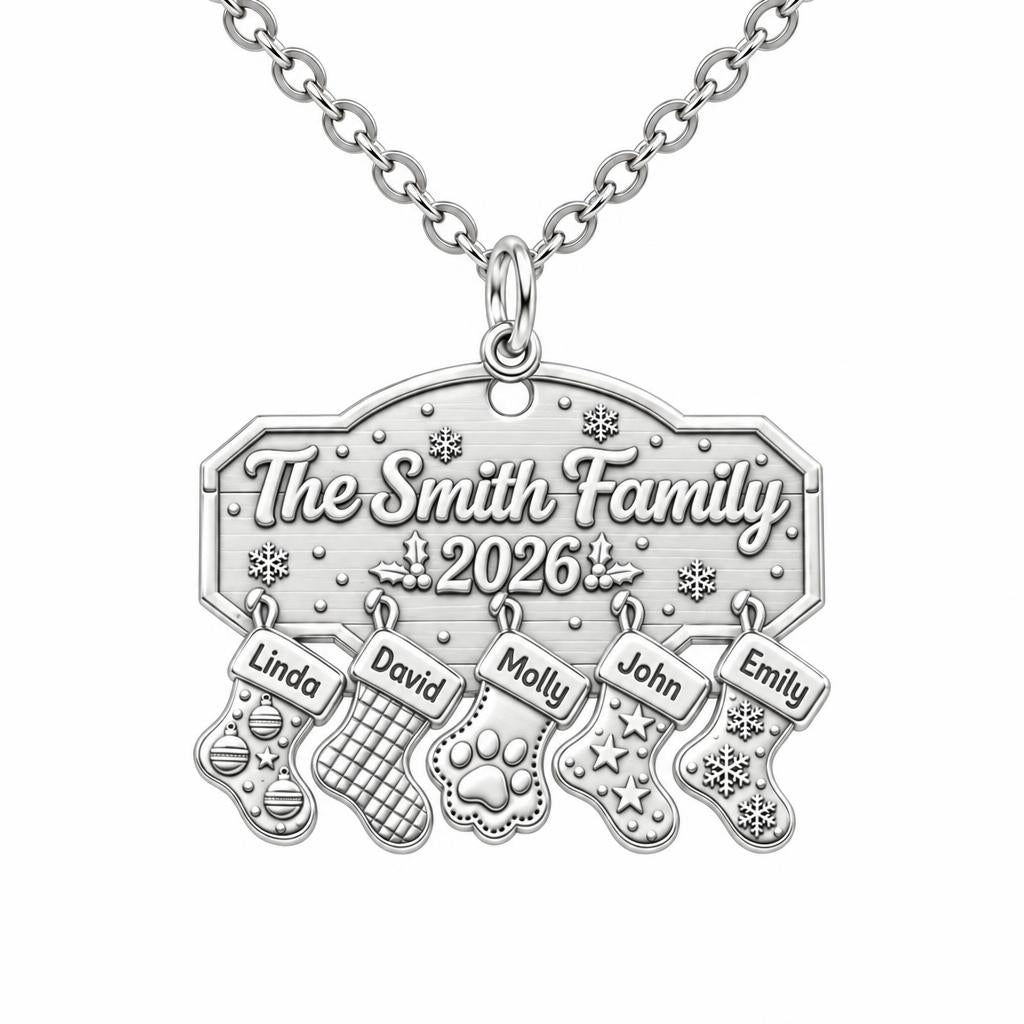 Christmas Stocking Family Mantel Charm Necklace Set – silver, front view