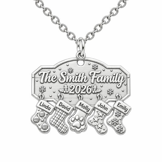 Christmas Stocking Family Mantel Charm Necklace Set – silver, front view