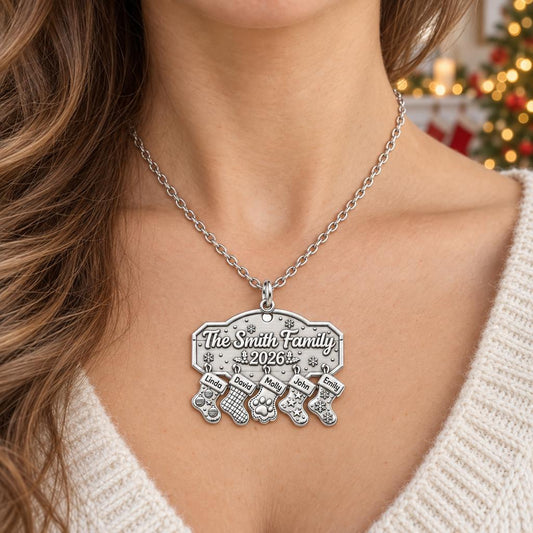 Christmas Stocking Family Mantel Charm Necklace Set – worn / in use