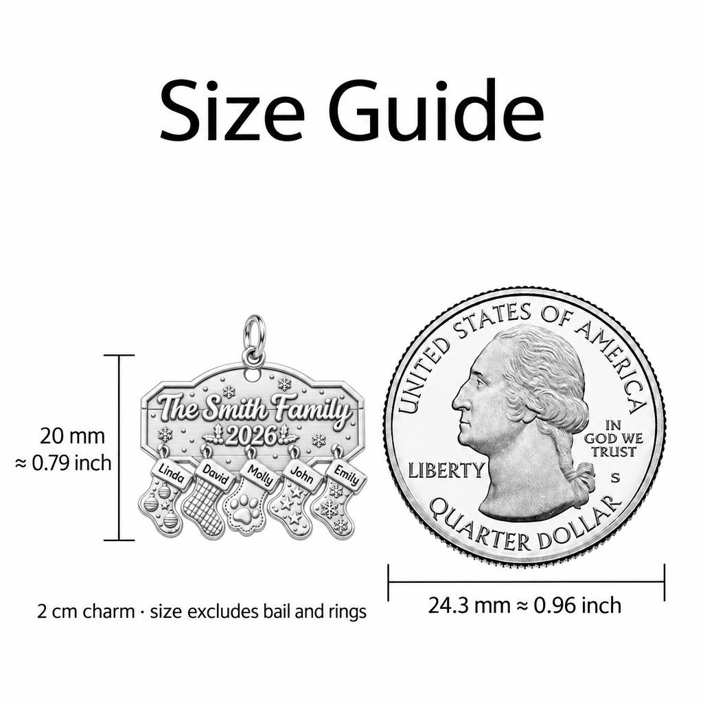 Christmas Stocking Family Mantel Charm Necklace Set – size guide, 13 mm charm next to a quarter