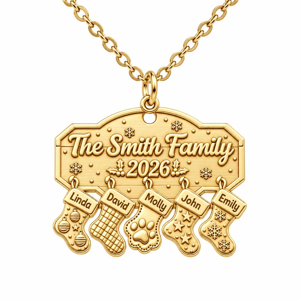 Christmas Stocking Family Mantel Charm Necklace Set – 18K gold, front view