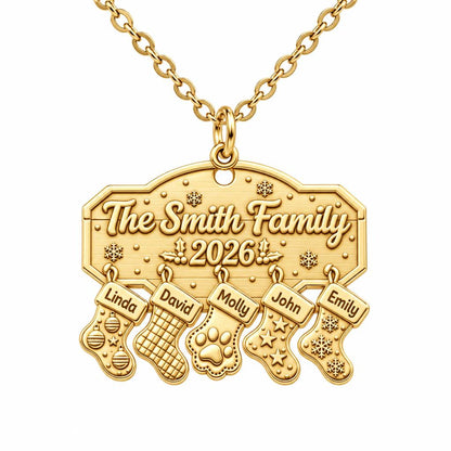 Christmas Stocking Family Mantel Charm Necklace Set – 18K gold, front view