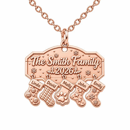 Christmas Stocking Family Mantel Charm Necklace Set – rose gold, front view