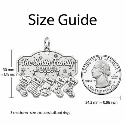 Christmas Stocking Mantel Charm Bracelet – Personalized Family Gift – size guide, 3 cm charm next to a quarter