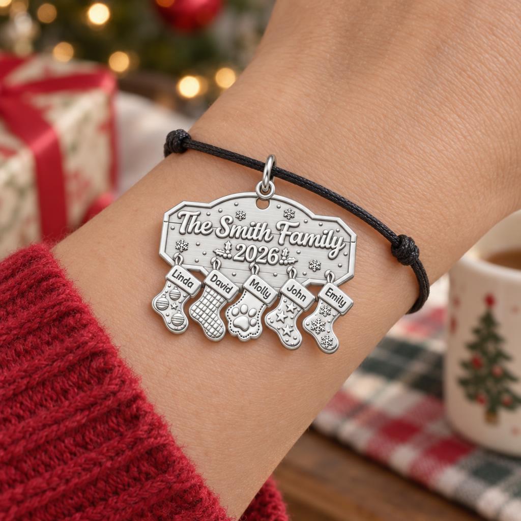 Christmas Stocking Mantel Charm Bracelet – Personalized Family Gift – worn on the wrist on a black cord bracelet