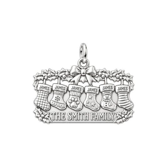 Christmas Stocking Mantle Charm Bracelet – Personalized Family Gift – silver plated 2 cm charm, front view