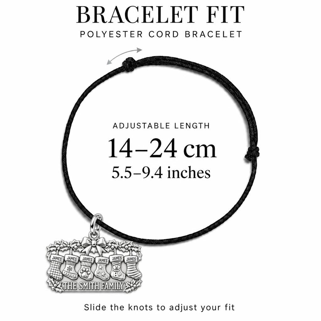 Christmas Stocking Mantle Charm Bracelet – Personalized Family Gift – adjustable black cord bracelet, 14–24 cm