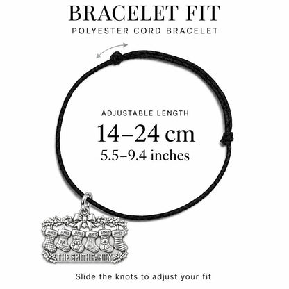 Christmas Stocking Mantle Charm Bracelet – Personalized Family Gift – adjustable black cord bracelet, 14–24 cm