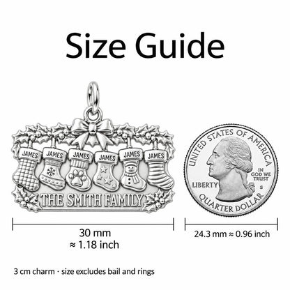 Christmas Stocking Mantle Charm Bracelet – Personalized Family Gift – size guide, 3 cm charm next to a quarter