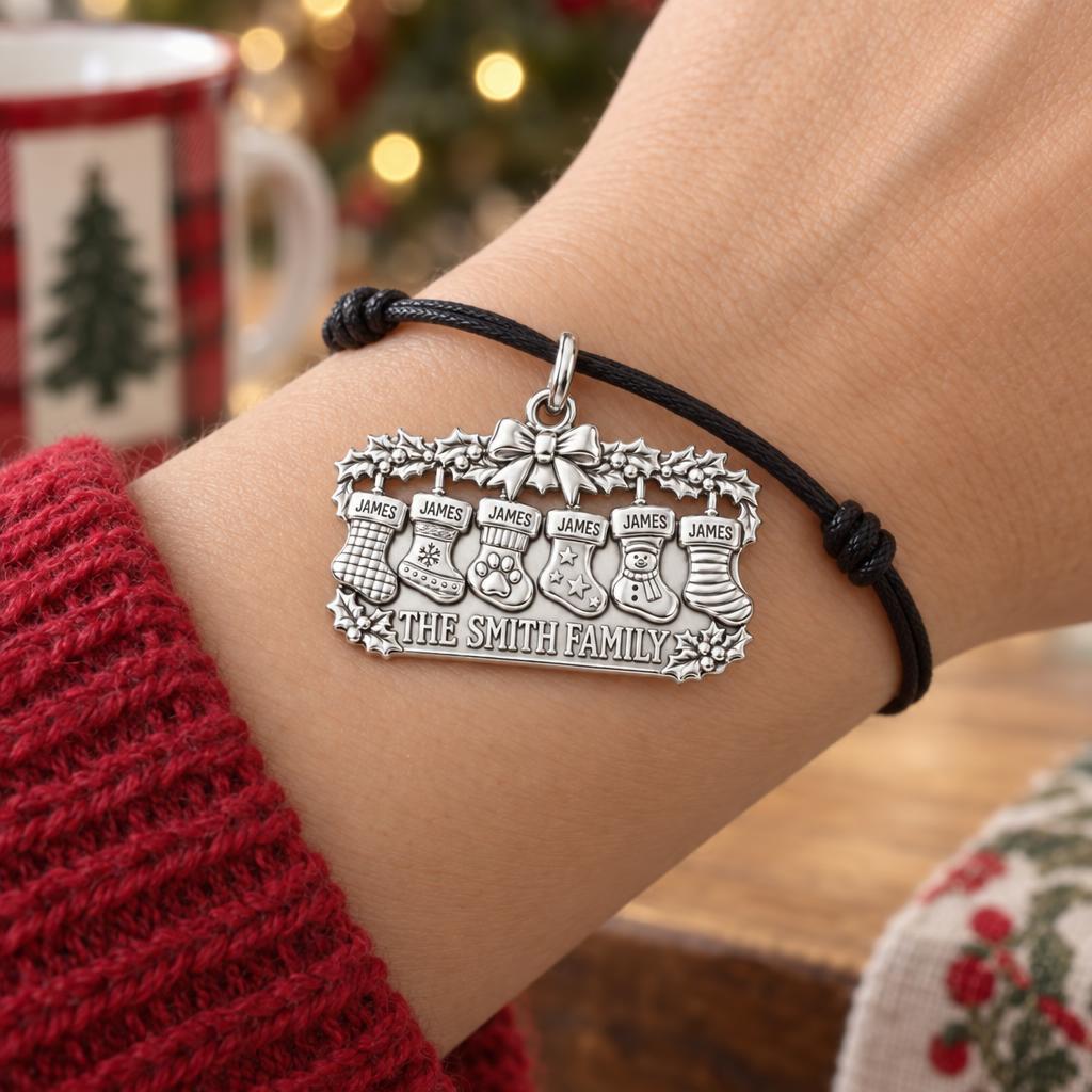 Christmas Stocking Mantle Charm Bracelet – Personalized Family Gift – worn on the wrist on a black cord bracelet