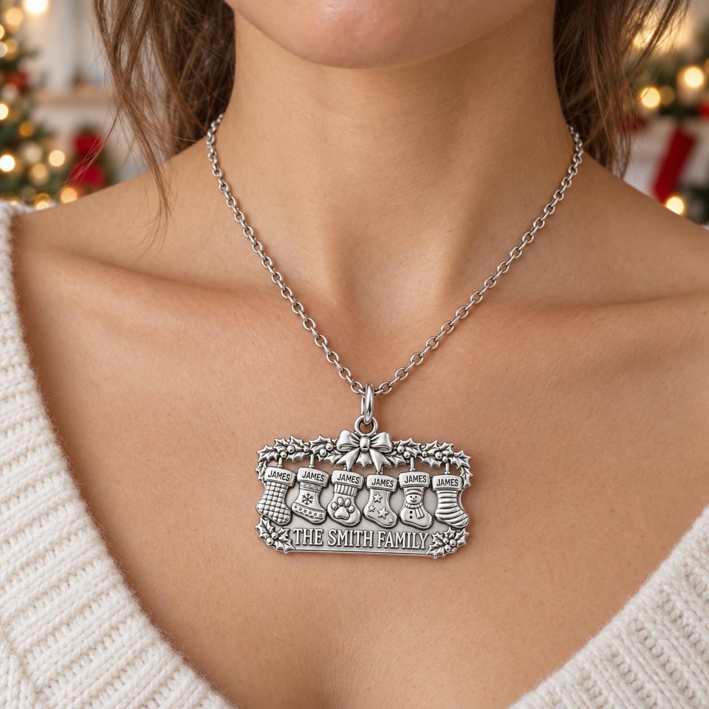 Christmas Stocking Mantle Charm Necklace Set – worn / in use