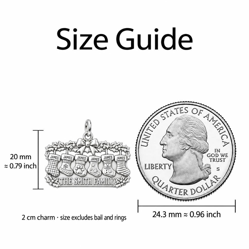 Christmas Stocking Mantle Charm Necklace Set – size guide, 13 mm charm next to a quarter