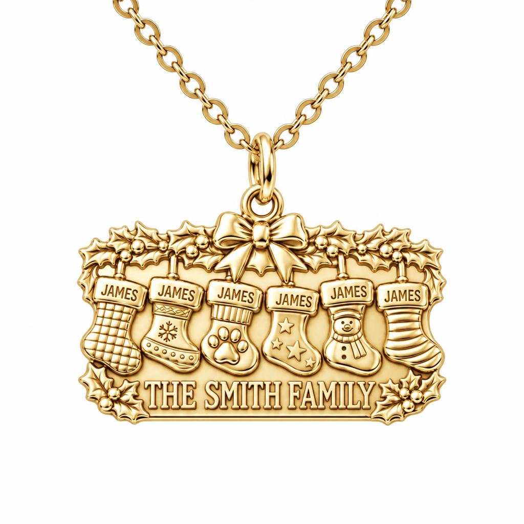 Christmas Stocking Mantle Charm Necklace Set – 18K gold, front view