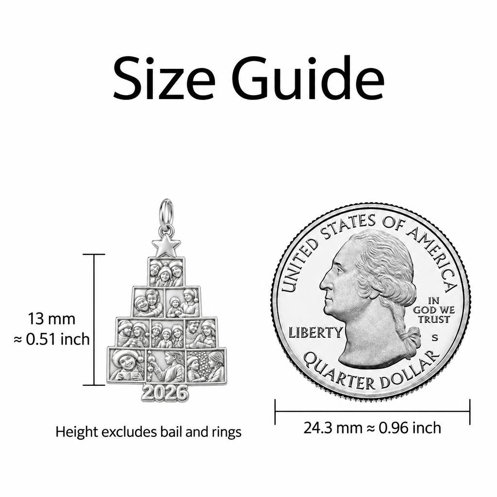 Christmas Tree Photo Collage Charm Bracelet – Personalized Mom Gift – size guide, 13 mm charm next to a quarter