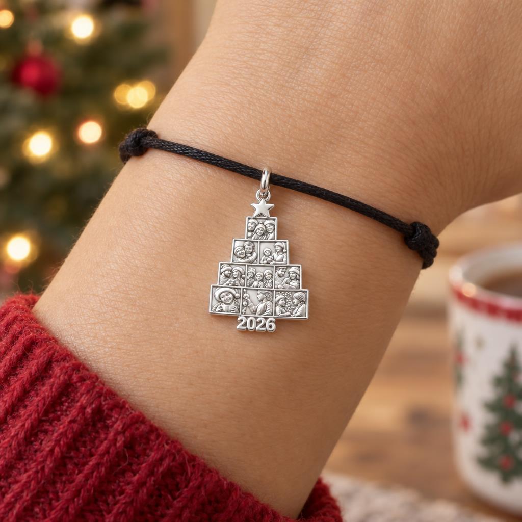 Christmas Tree Photo Collage Charm Bracelet – Personalized Mom Gift – worn on the wrist on a black cord bracelet