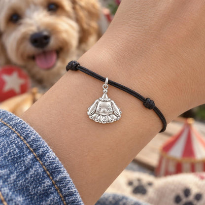Circus Puppy Clown Charm Bracelet – Personalized Dog Mom Gift – worn on the wrist on a black cord bracelet