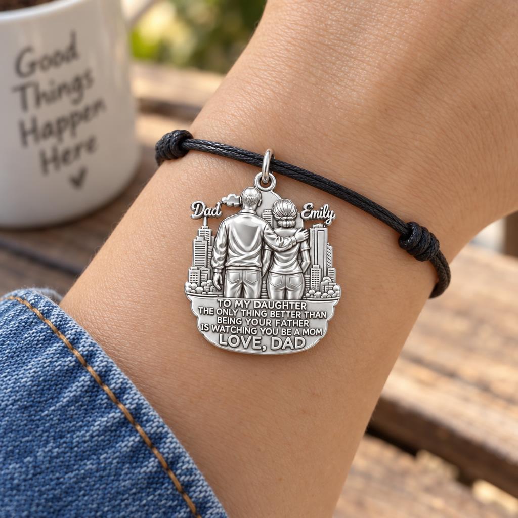 City Skyline Father and Daughter Charm Bracelet – Personalized Dad – worn on the wrist on a black cord bracelet