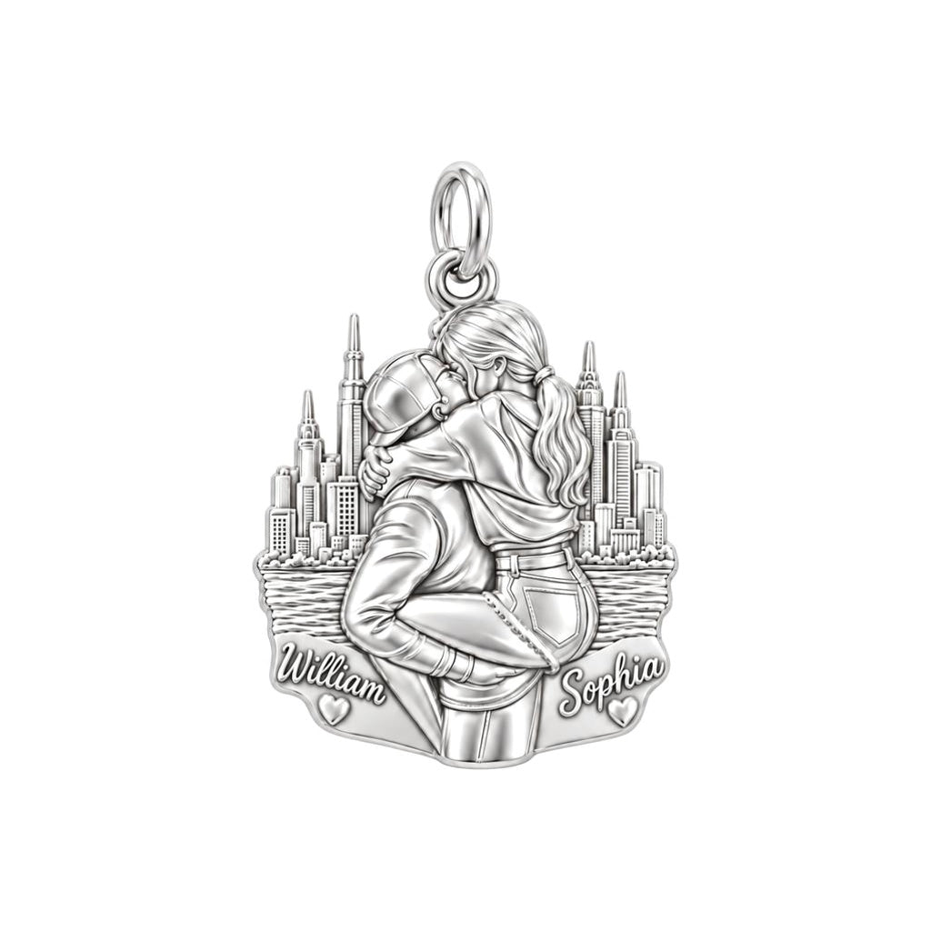 City Skyline Kiss Charm Bracelet – Personalized Couple Gift – silver plated 3 cm charm, front view