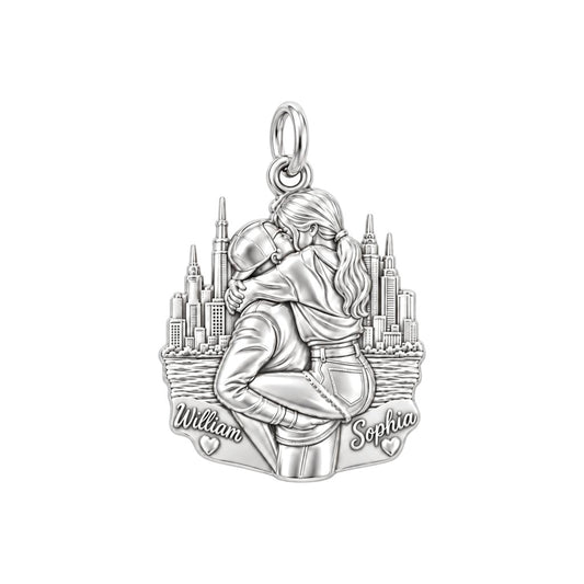 City Skyline Kiss Charm Bracelet – Personalized Couple Gift – silver plated 3 cm charm, front view