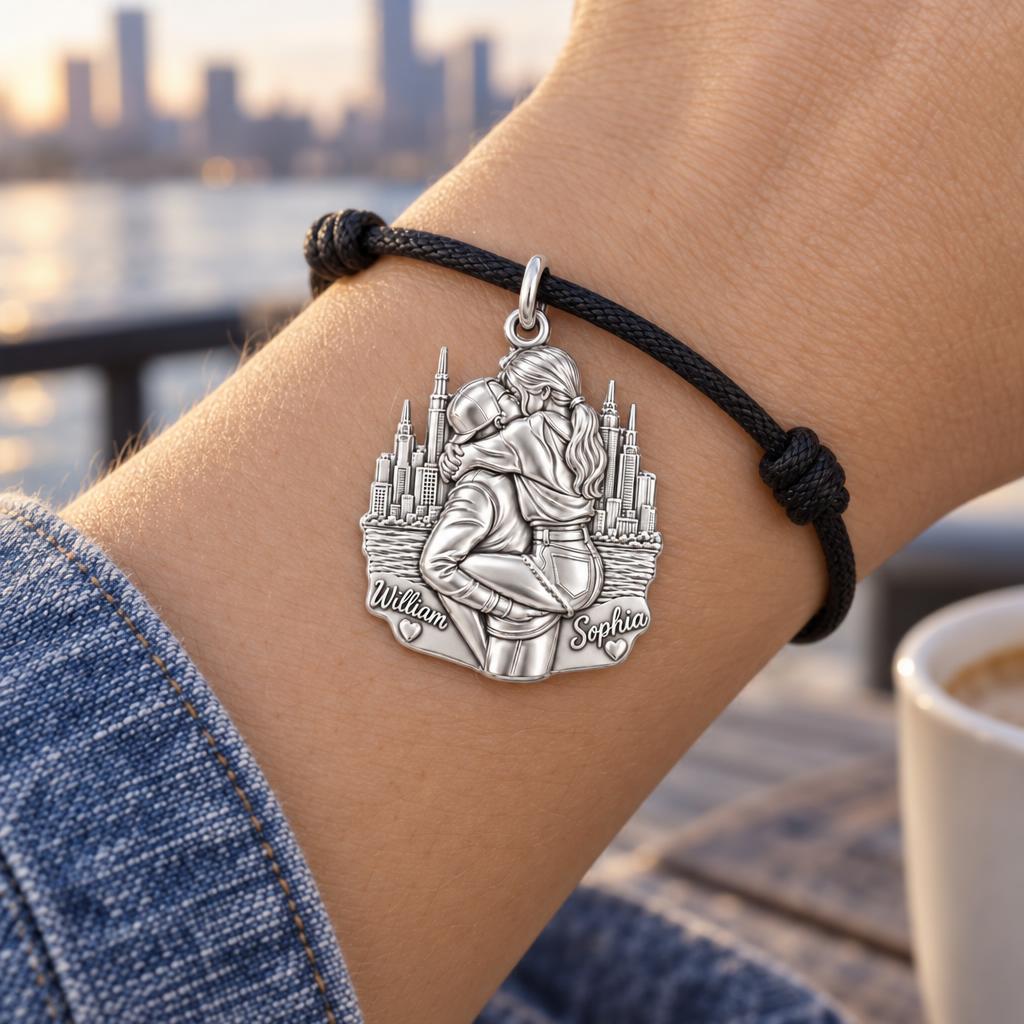 City Skyline Kiss Charm Bracelet – Personalized Couple Gift – worn on the wrist on a black cord bracelet