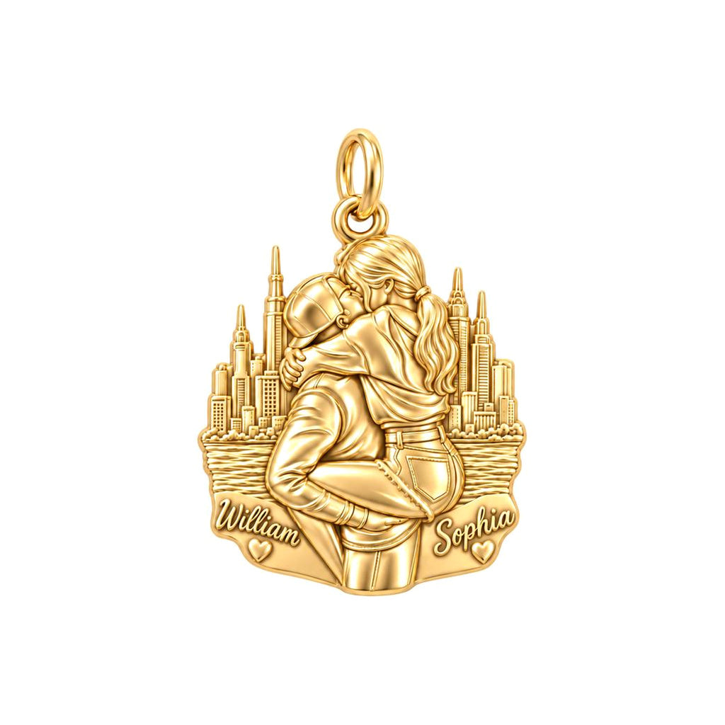 City Skyline Kiss Charm Bracelet – Personalized Couple Gift – 18K gold plated 3 cm charm, front view