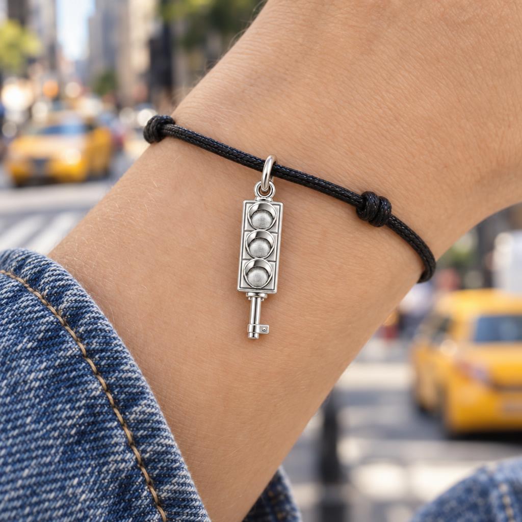 City Traffic Light Key Charm Bracelet – Personalized Gift – worn on the wrist on a black cord bracelet