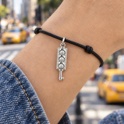 City Traffic Light Key Charm Bracelet – Personalized Gift – worn on the wrist on a black cord bracelet