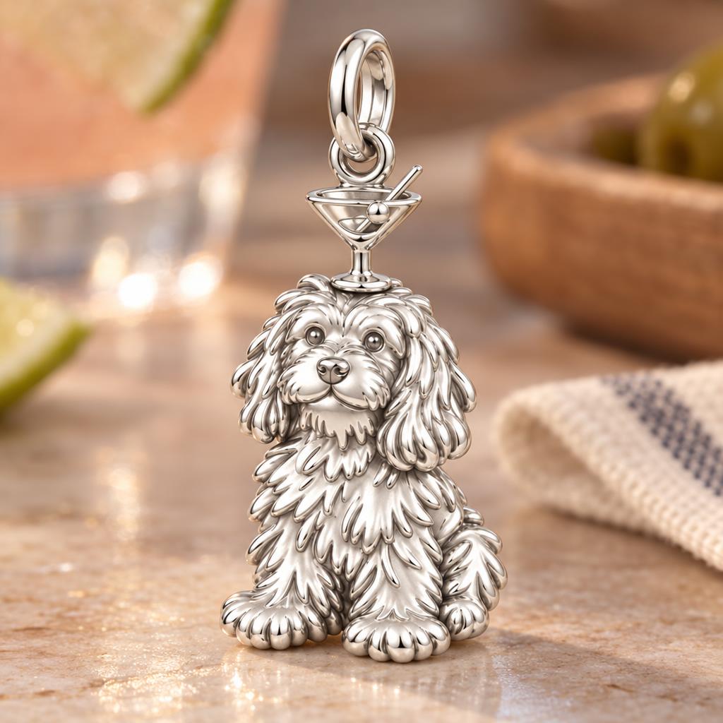 Cocktail Balancing Pup Charm Bracelet – Personalized Dog Mom Gift – macro detail of the charm