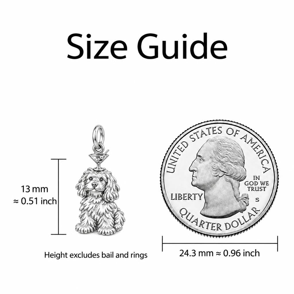 Cocktail Balancing Pup Charm Bracelet – Personalized Dog Mom Gift – size guide, 13 mm charm next to a quarter