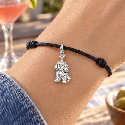 Cocktail Balancing Pup Charm Bracelet – Personalized Dog Mom Gift – worn on the wrist on a black cord bracelet
