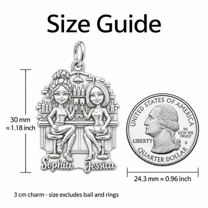 Cocktail Hour Besties Charm Bracelet – Personalized Friend Gift – size guide, 3 cm charm next to a quarter