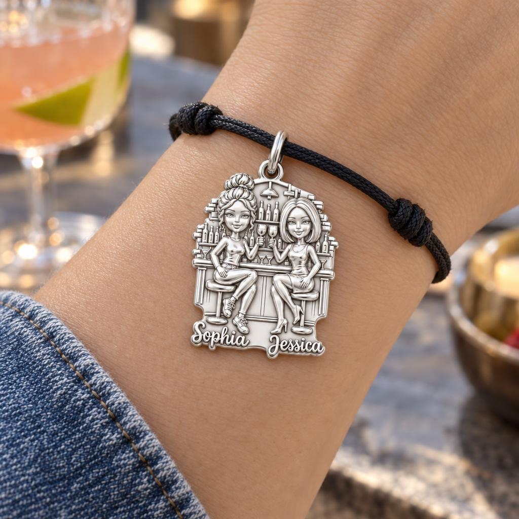 Cocktail Hour Besties Charm Bracelet – Personalized Friend Gift – worn on the wrist on a black cord bracelet