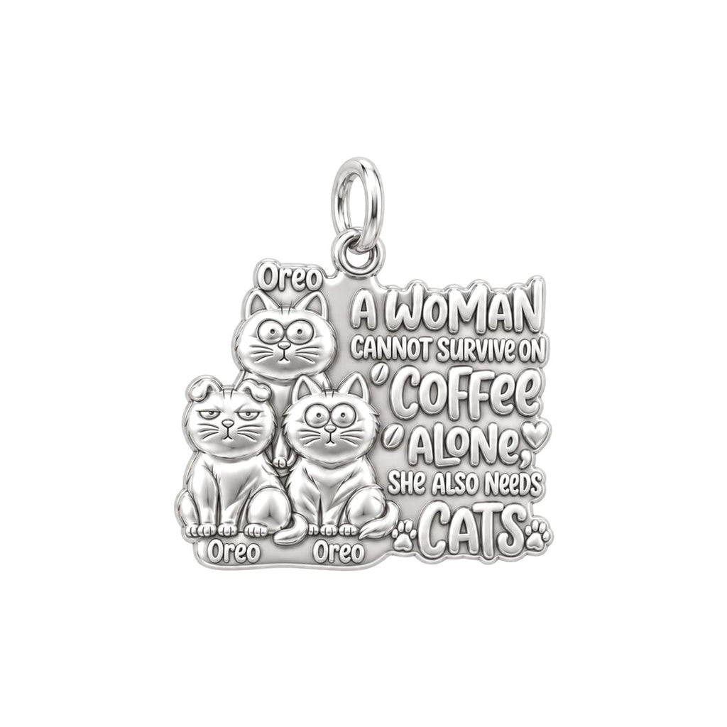 Coffee and Cats Charm Bracelet – Personalized Cat Mom Gift – silver plated 3 cm charm, front view