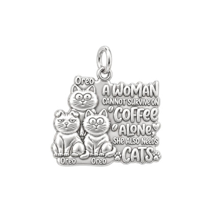 Coffee and Cats Charm Bracelet – Personalized Cat Mom Gift – silver plated 3 cm charm, front view