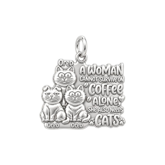Coffee and Cats Charm Bracelet – Personalized Cat Mom Gift – silver plated 3 cm charm, front view