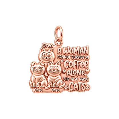 Coffee and Cats Charm Bracelet – Personalized Cat Mom Gift – rose gold 3 cm charm, front view