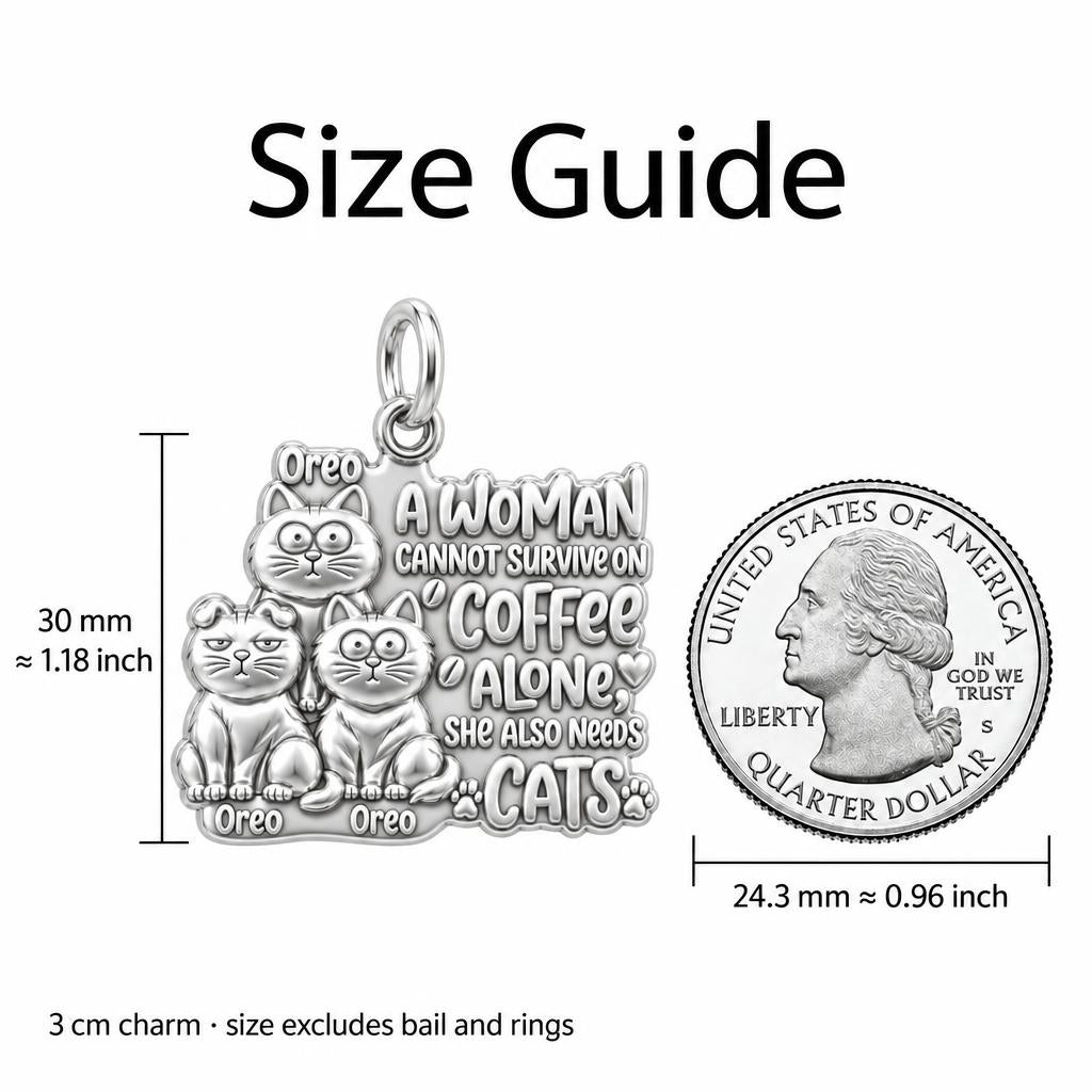 Coffee and Cats Charm Bracelet – Personalized Cat Mom Gift – size guide, 3 cm charm next to a quarter