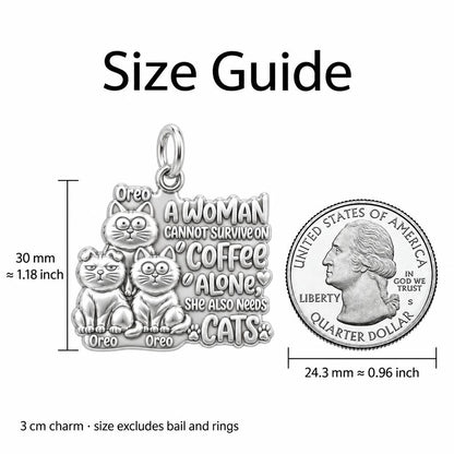 Coffee and Cats Charm Bracelet – Personalized Cat Mom Gift – size guide, 3 cm charm next to a quarter