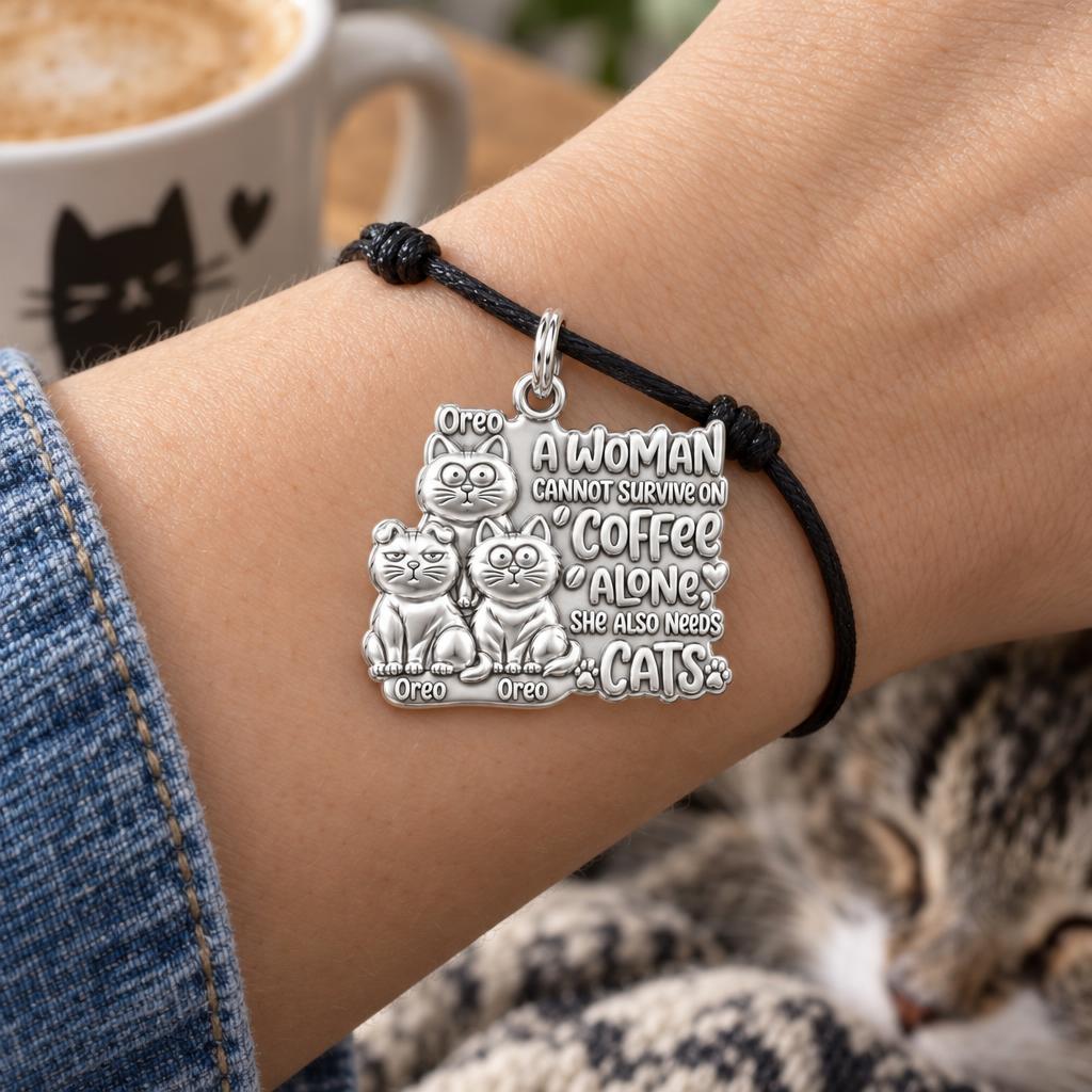 Coffee and Cats Charm Bracelet – Personalized Cat Mom Gift – worn on the wrist on a black cord bracelet