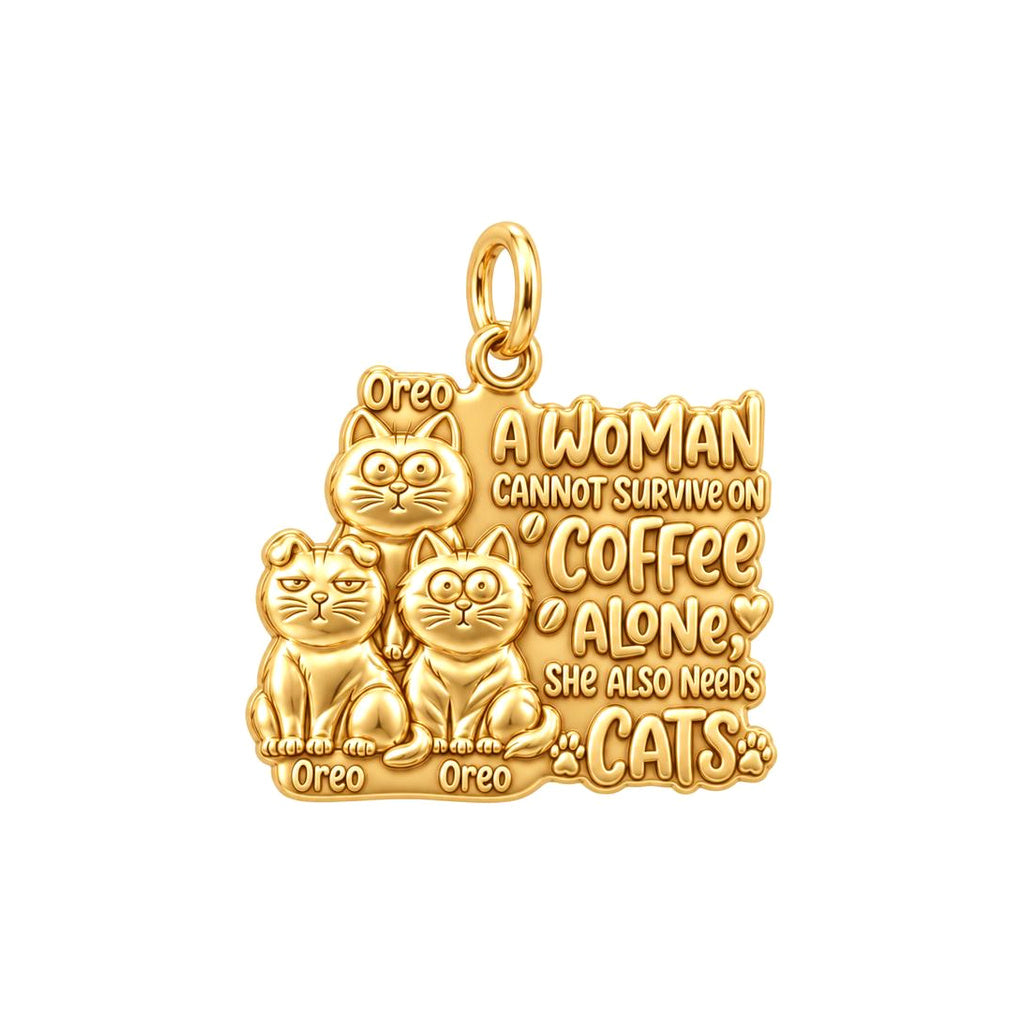 Coffee and Cats Charm Bracelet – Personalized Cat Mom Gift – 18K gold plated 3 cm charm, front view