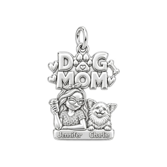 Coffee and Cuddles Charm Bracelet – Personalized Dog Mom Gift – silver plated 3 cm charm, front view