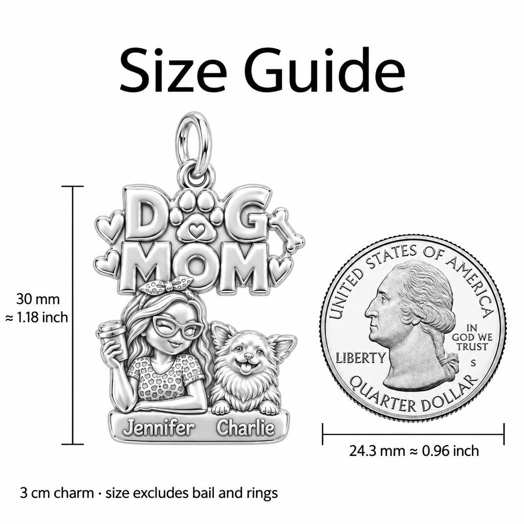 Coffee and Cuddles Charm Bracelet – Personalized Dog Mom Gift – size guide, 3 cm charm next to a quarter