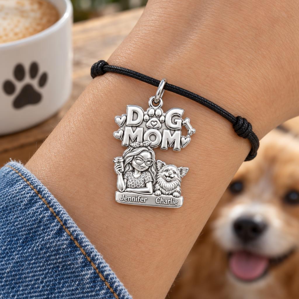 Coffee and Cuddles Charm Bracelet – Personalized Dog Mom Gift – worn on the wrist on a black cord bracelet