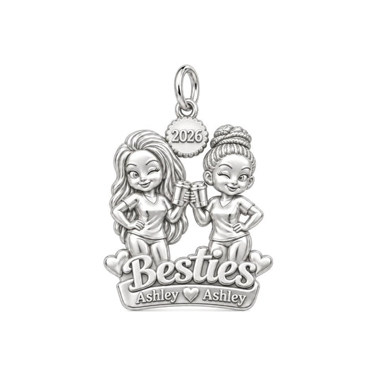 Coffee Date Besties Charm Bracelet – Personalized Best Friend Gift – silver plated 2 cm charm, front view