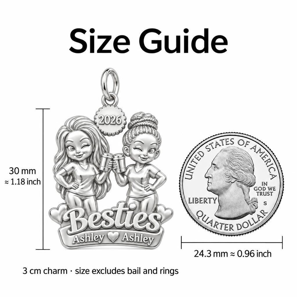 Coffee Date Besties Charm Bracelet – Personalized Best Friend Gift – size guide, 3 cm charm next to a quarter