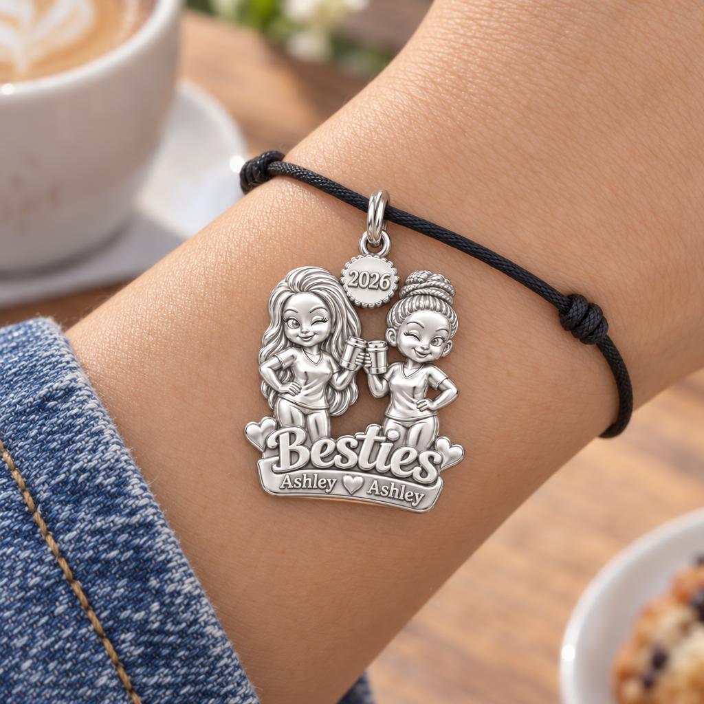 Coffee Date Besties Charm Bracelet – Personalized Best Friend Gift – worn on the wrist on a black cord bracelet